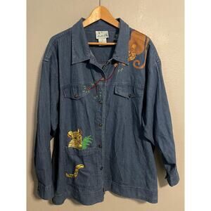 Vintage The Quacker Factory Jacket Womens 3X Blue Denim Animal Embroidered 90s